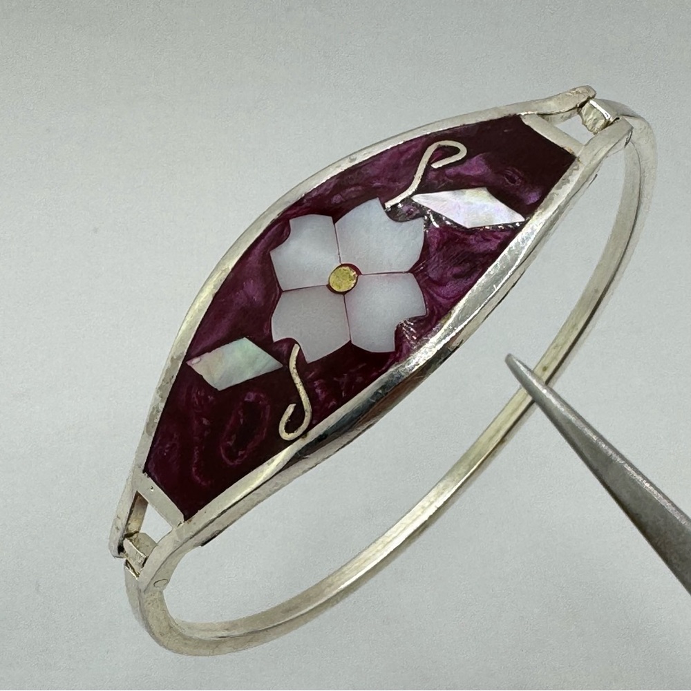 Vintage Mexico Silver Overlay Purple Mother of Pearl Enamel Floral Cuff Bracelet